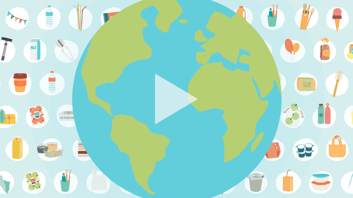 image of globe in the foreground and in the background many bubbles containing reusable options and single use plastic