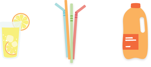 Glass of lemonade, bunch of straws and a plastic juice bottle