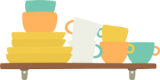 Ceramic plates and mugs on a kitchen shelf
